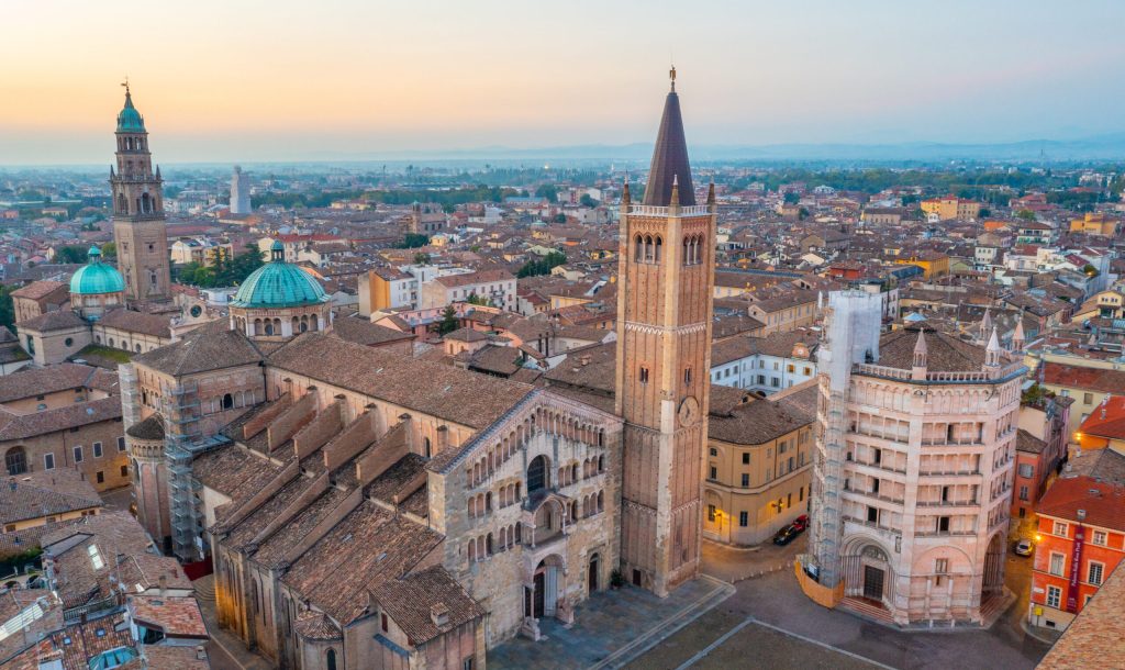 Sunrise view of the Cathedral of Parma in Italy.